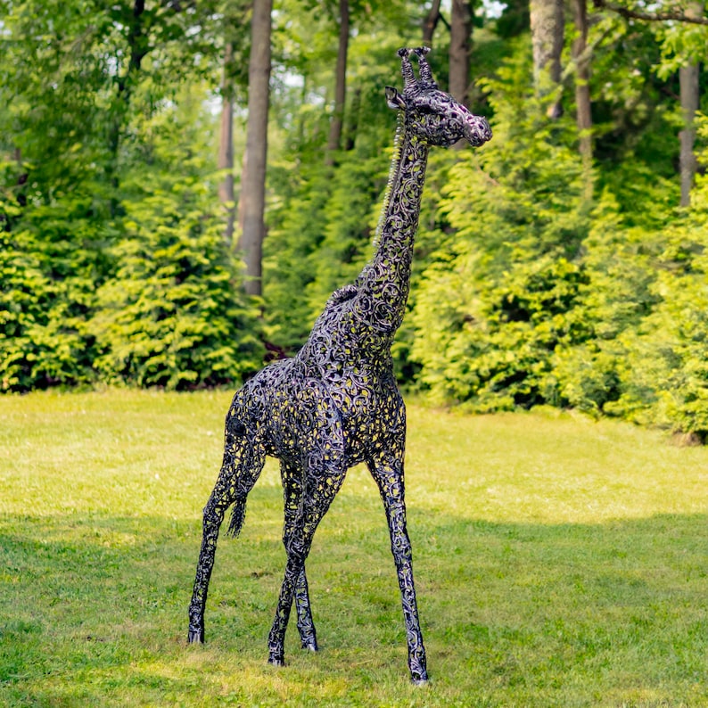 9 Ft Tall Mommy and 7 Ft Tall Baby Giraffe Iron Garden Statues – Old