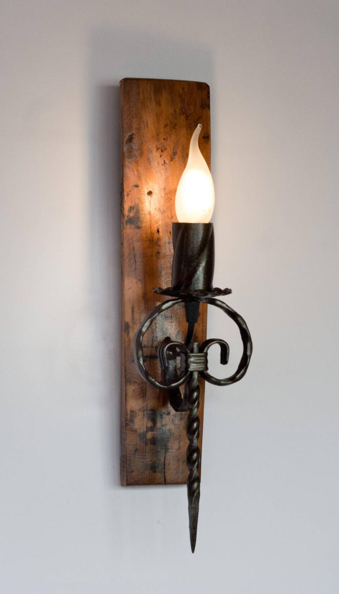 Rustic Wood and wrought iron Barrel sconce Old West Iron