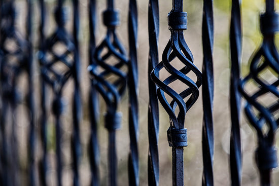 close-up of decorative wrought iron fence with intricate twisted motifs