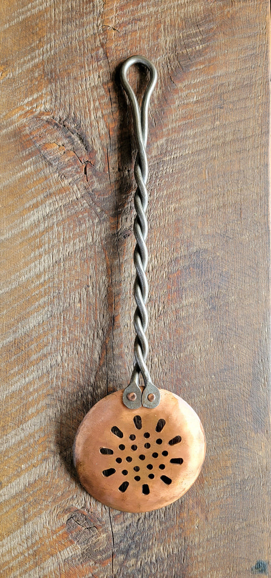 Hand Forged Twisted Iron and Copper Slotted Spoon