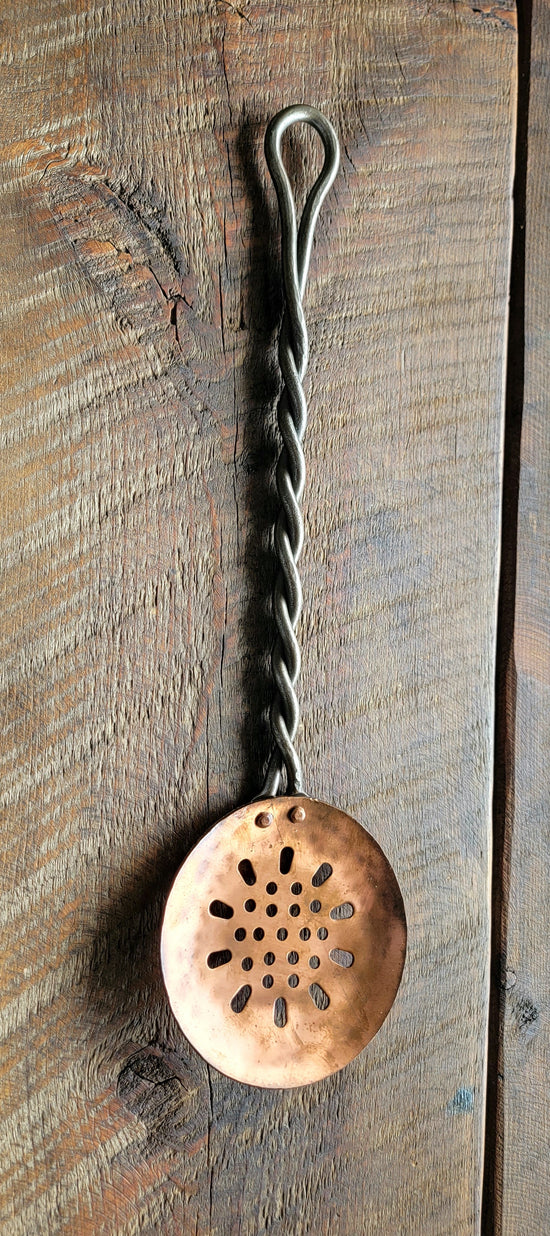 Hand Forged Twisted Iron and Copper Slotted Spoon
