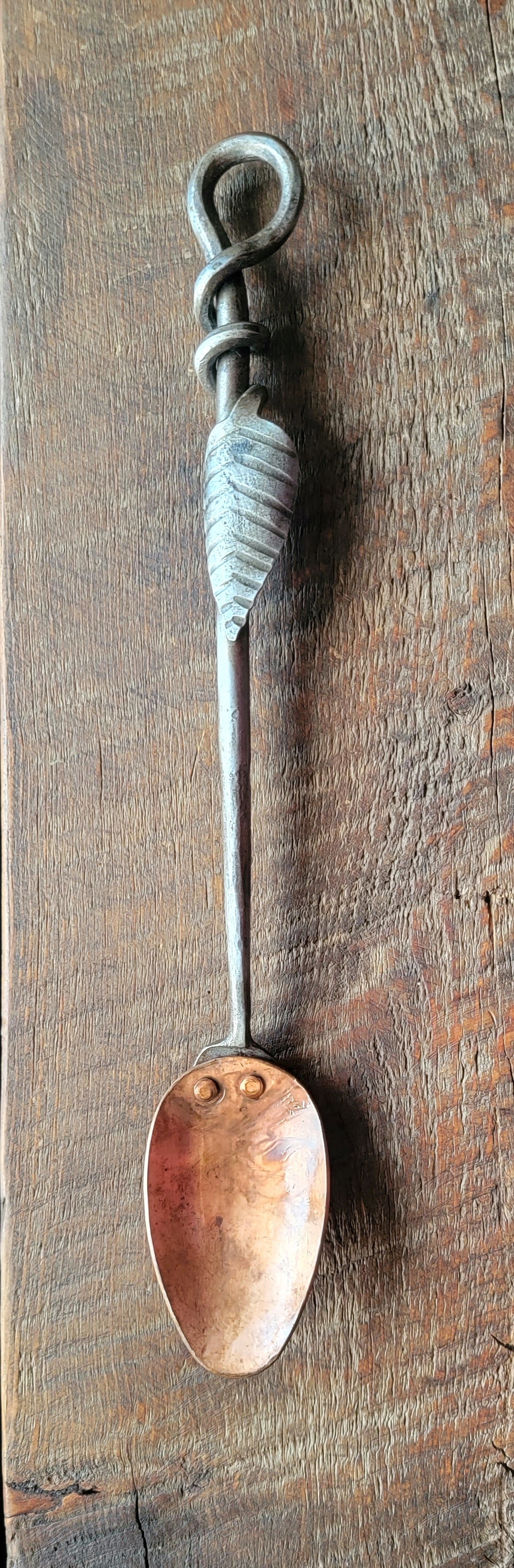 Hand Forged Solid Copper Serving Spoon With Steel Leaf Handle