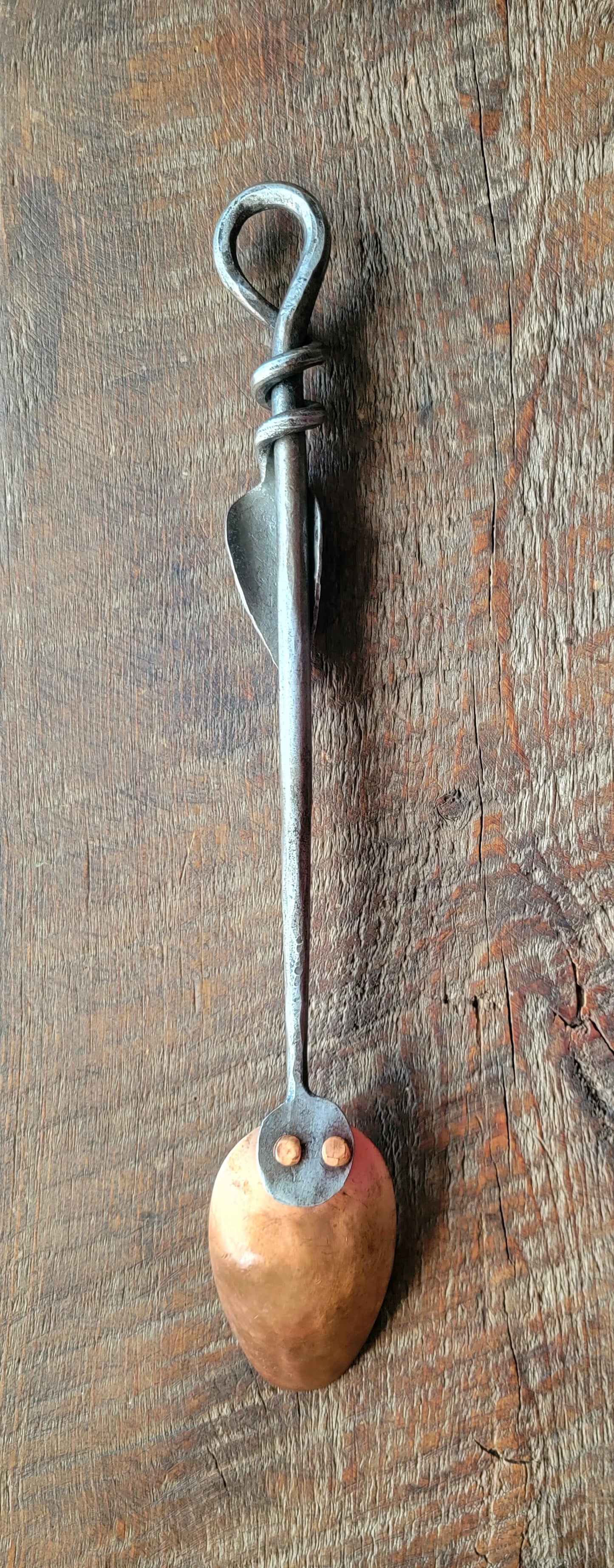 Hand Forged Solid Copper Serving Spoon With Steel Leaf Handle