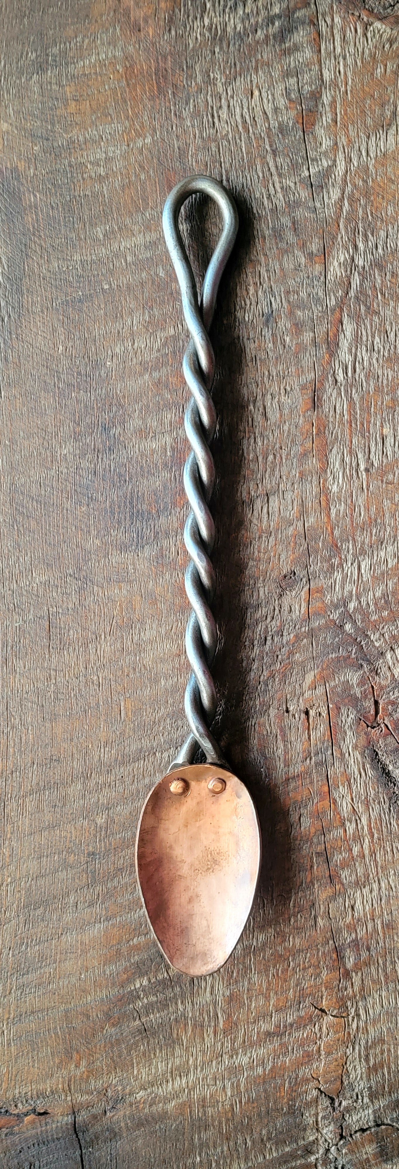 Hand Forged Twisted Steel and Solid Copper Serving Spoon