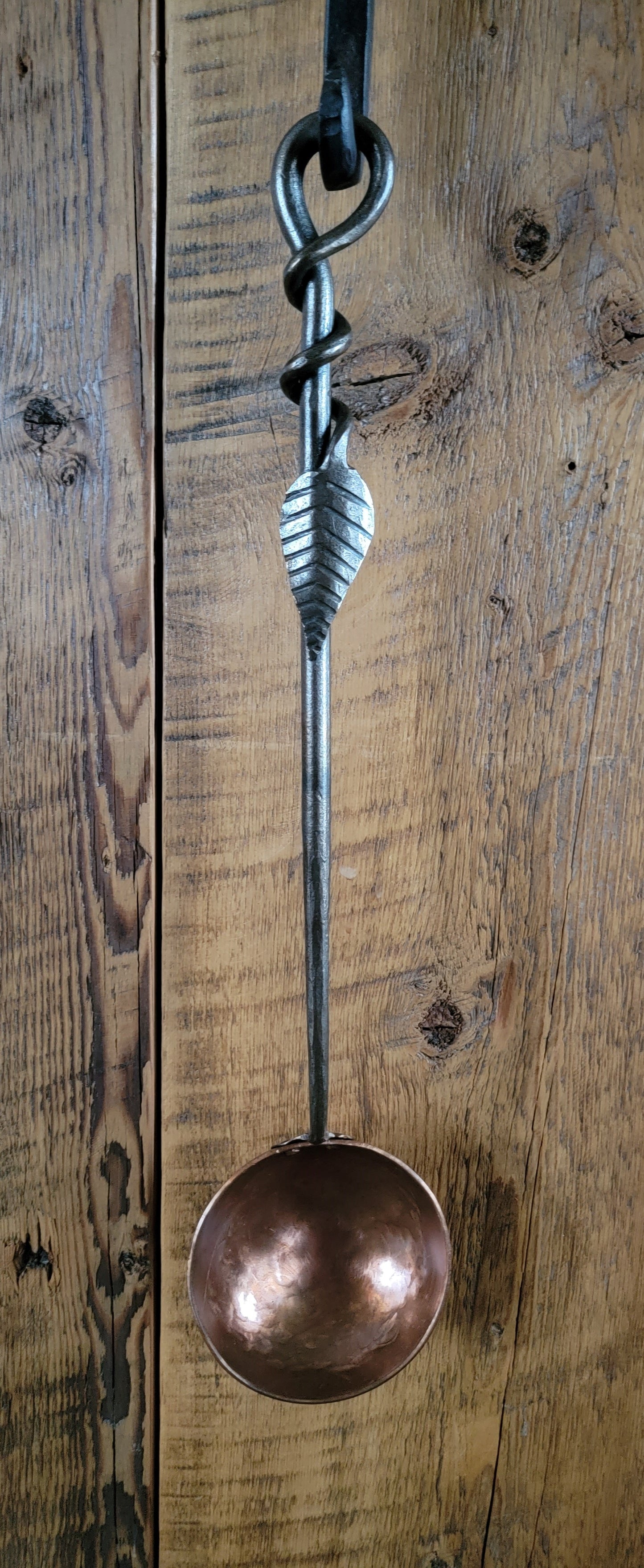 Hand Forged Solid Copper Egg Spoon With Steel Leaf Handle