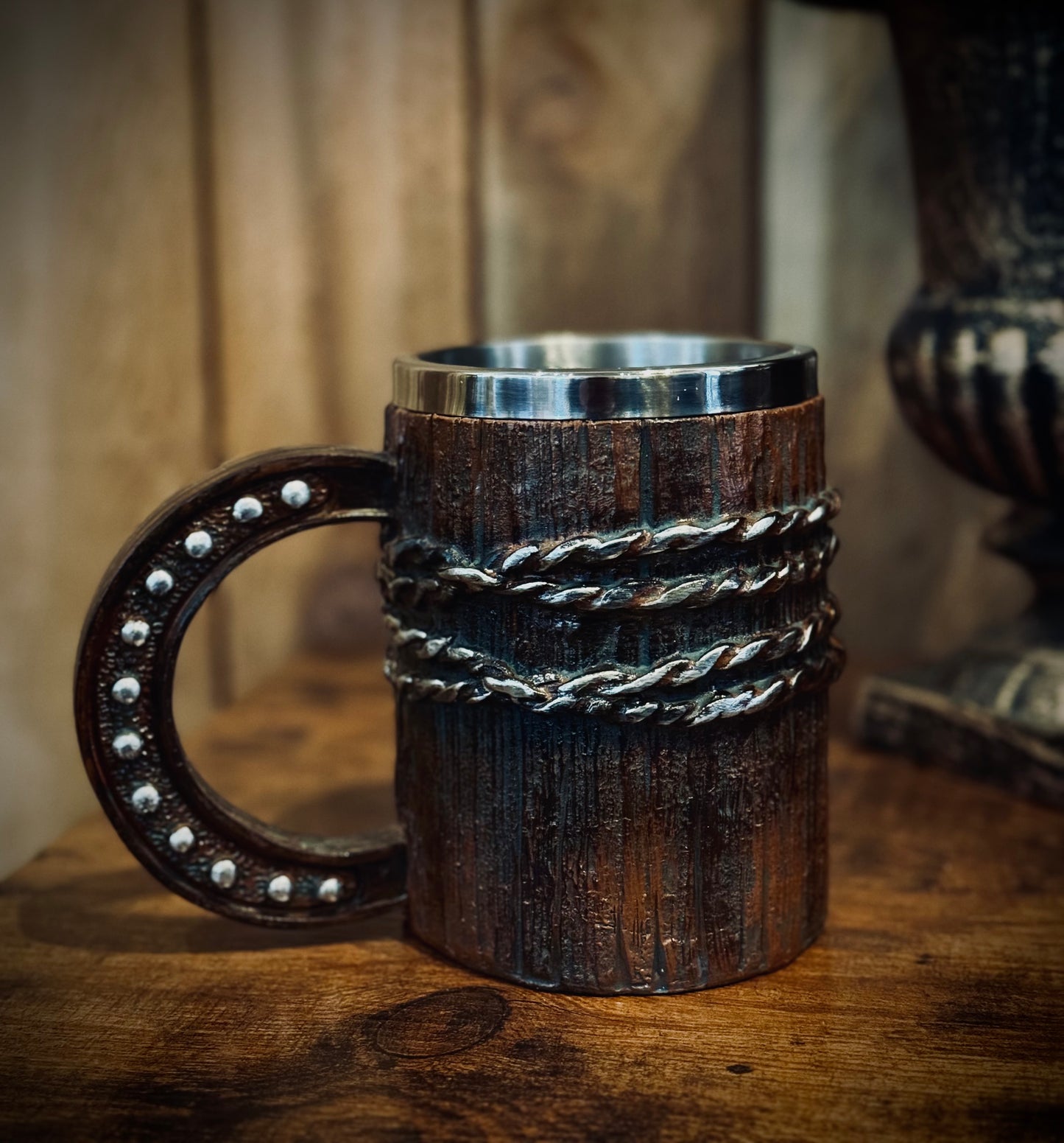 Large Insulated Viking Beer Mug with Faux Wood Handle