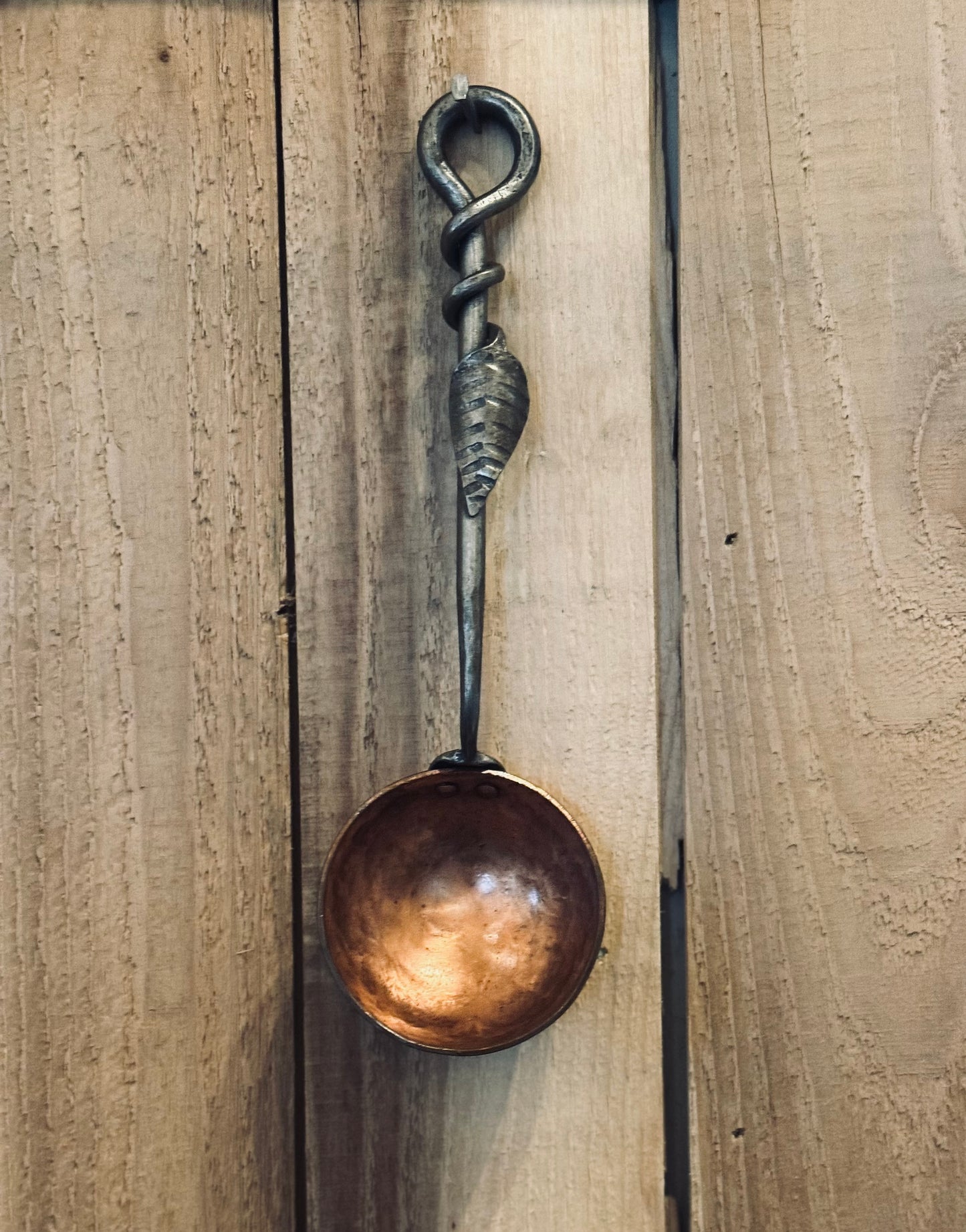 Hand Forged Solid Copper Egg Spoon With Steel Leaf Handle - Small
