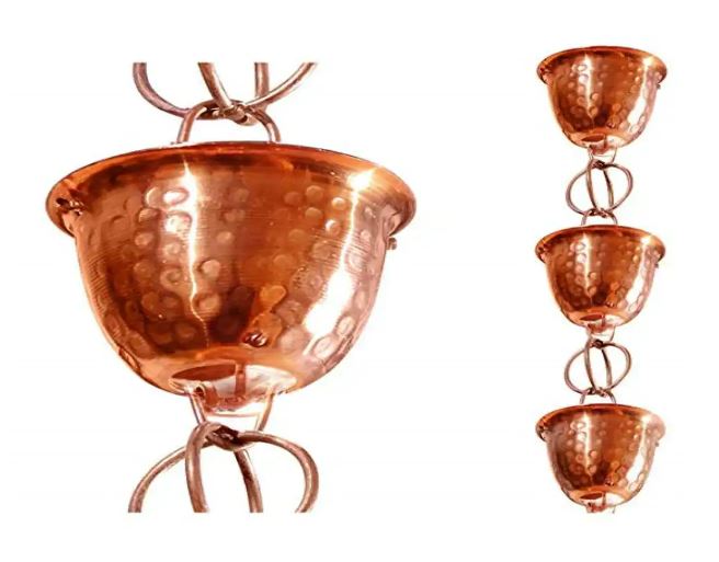 CLEARANCE- Limited Stock Solid Copper Hammered Rain Chain Cups 8.5 ft Long