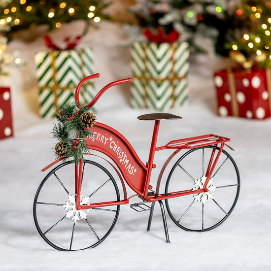 Load image into Gallery viewer, Iron &amp;quot;Merry Christmas&amp;quot; Bicycles with Wreaths Holiday Ornaments Christmas
