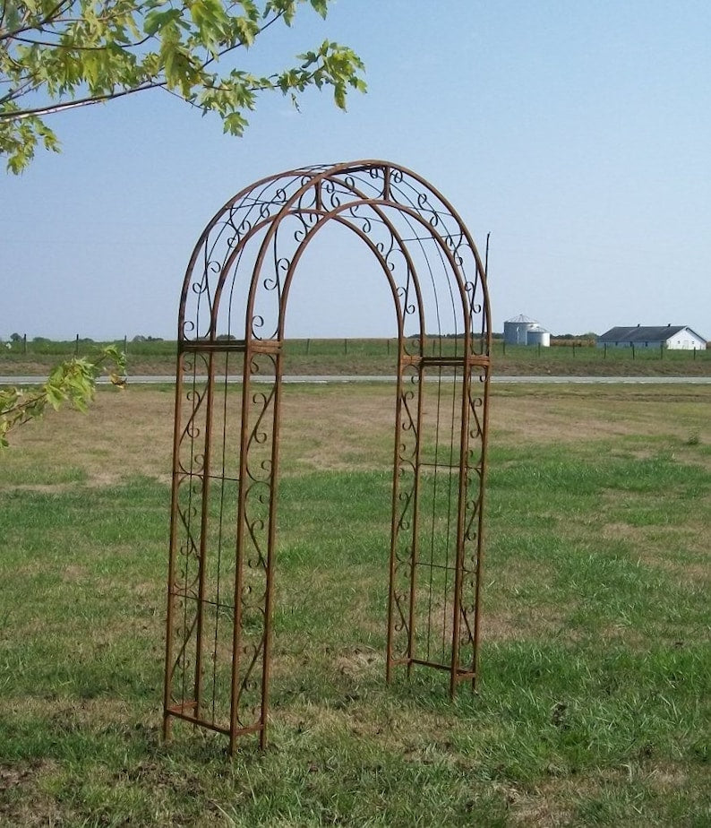 Wrought Iron Arbor- Round Top, Climbing Flower Garden Arch, Rustic Vine Trellis, Large Metal Archway Entry, Yard Driveway