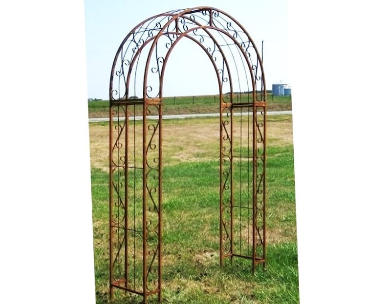 Wrought Iron Arbor- Round Top, Climbing Flower Garden Arch, Rustic Vine Trellis, Large Metal Archway Entry, Yard Driveway