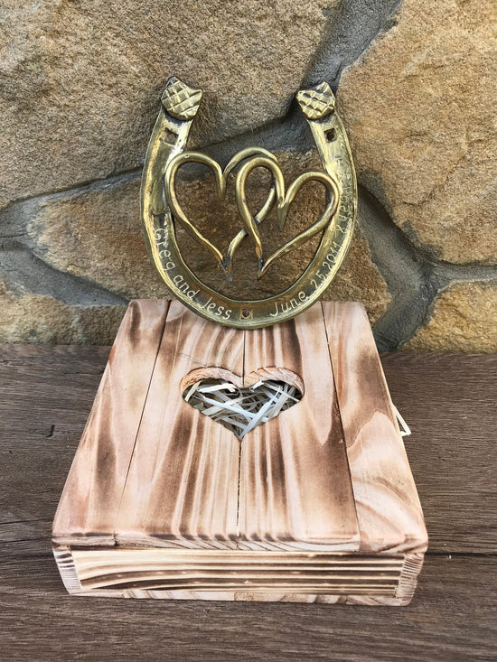 hand forged bronze horseshoe with two hearts in a gift box Horseshoe Sets Gift