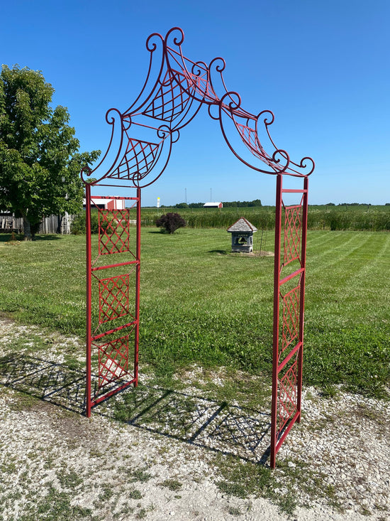 Load image into Gallery viewer, Colonial Red Curl Drape Wrought Iron Arbor, Climbing Flower Garden Arch, Rustic Plant Vine Trellis Support, Metal Archway Entry, Landscape
