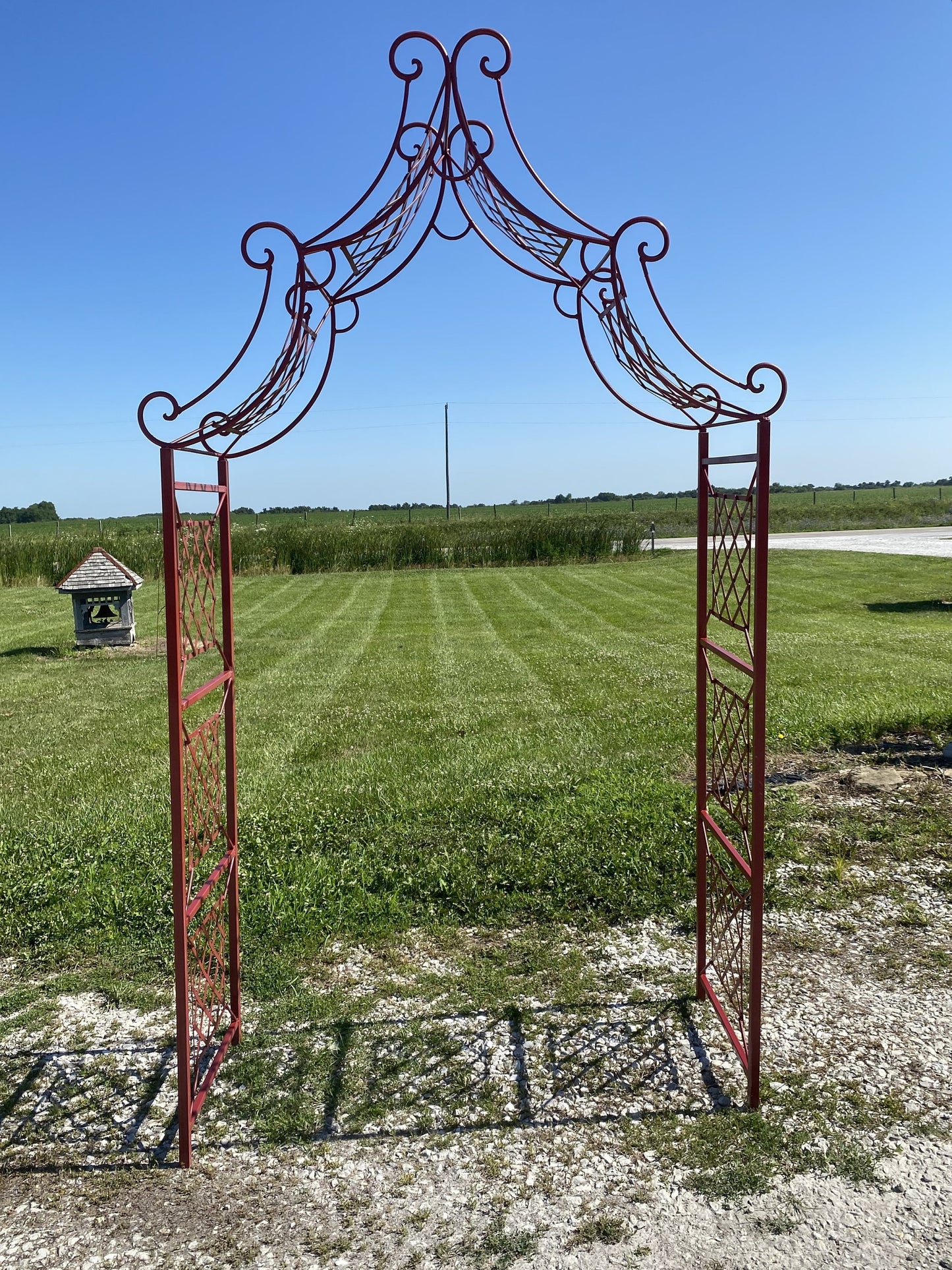 Colonial Red Curl Drape Wrought Iron Arbor, Climbing Flower Garden Arch, Rustic Plant Vine Trellis Support, Metal Archway Entry, Landscape