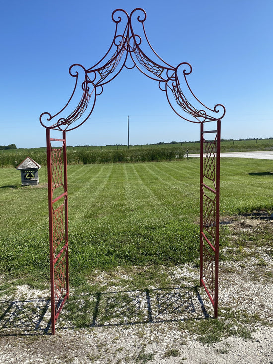 Load image into Gallery viewer, Colonial Red Curl Drape Wrought Iron Arbor, Climbing Flower Garden Arch, Rustic Plant Vine Trellis Support, Metal Archway Entry, Landscape
