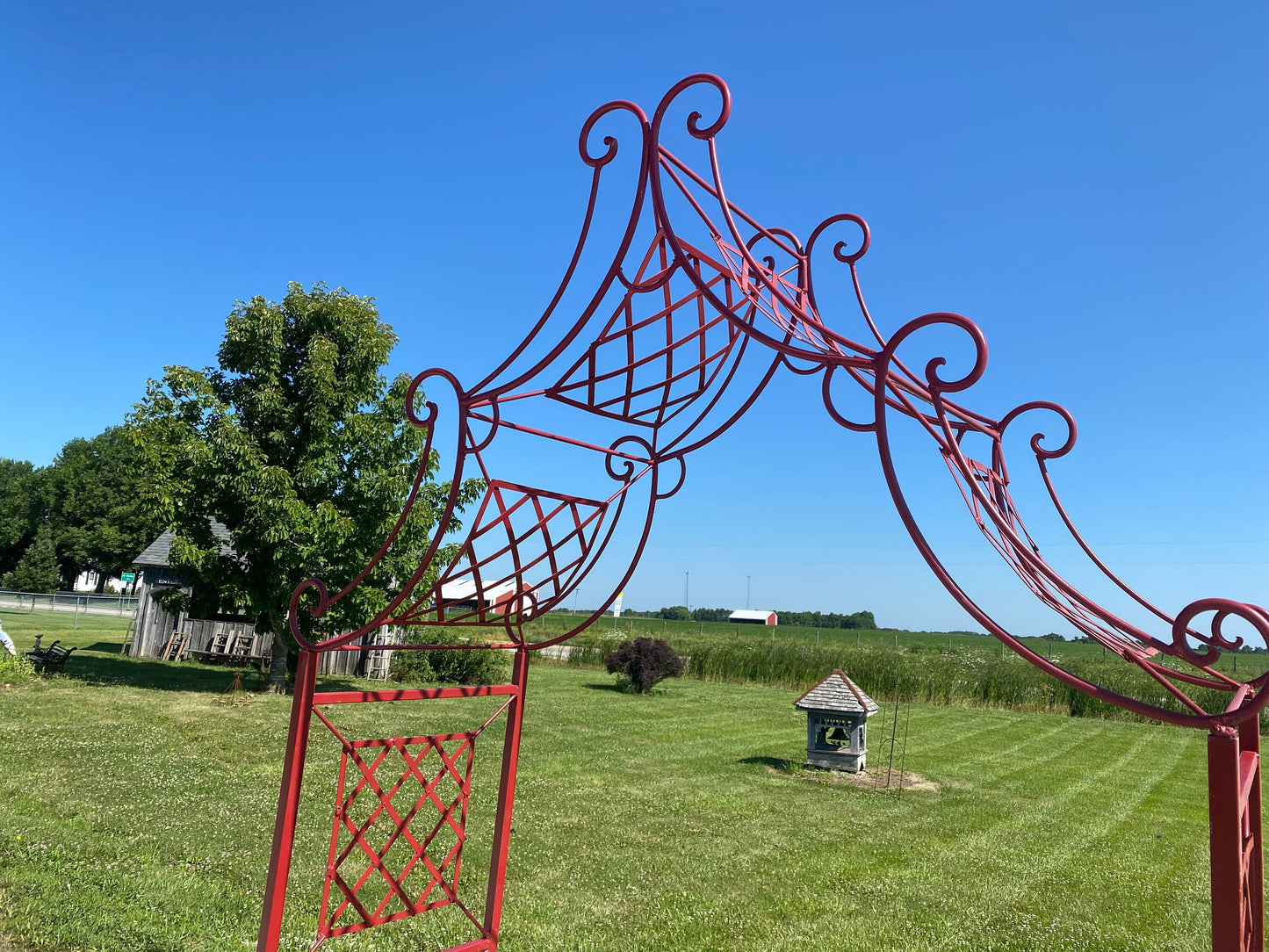 Colonial Red Curl Drape Wrought Iron Arbor, Climbing Flower Garden Arch, Rustic Plant Vine Trellis Support, Metal Archway Entry, Landscape