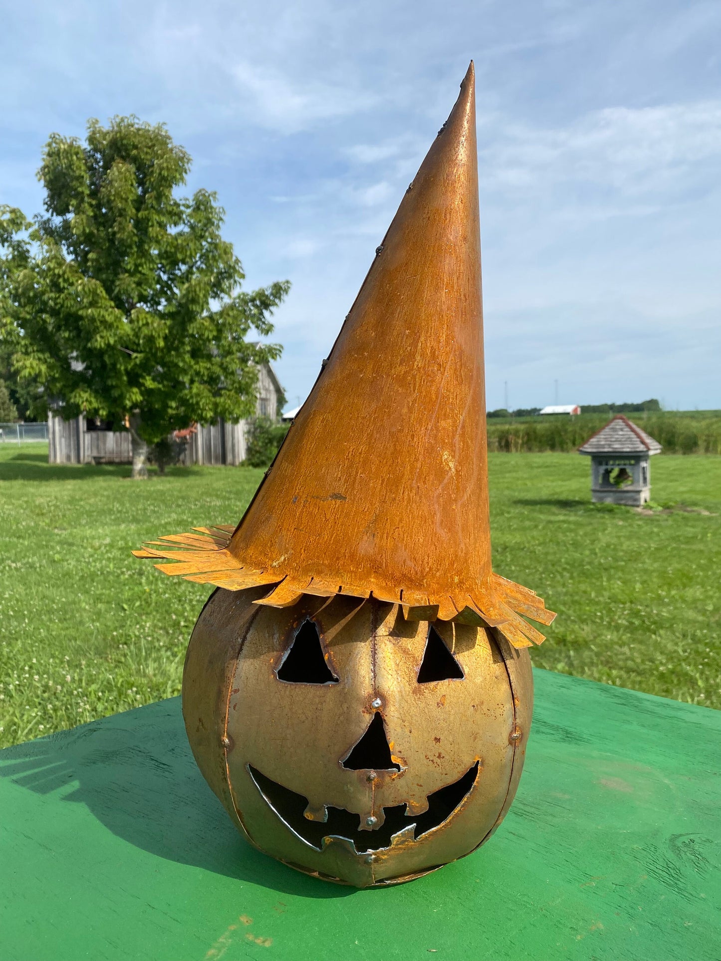 Small Rusty Metal Jack-0-Lantern Pumpkin with Witches Hat
