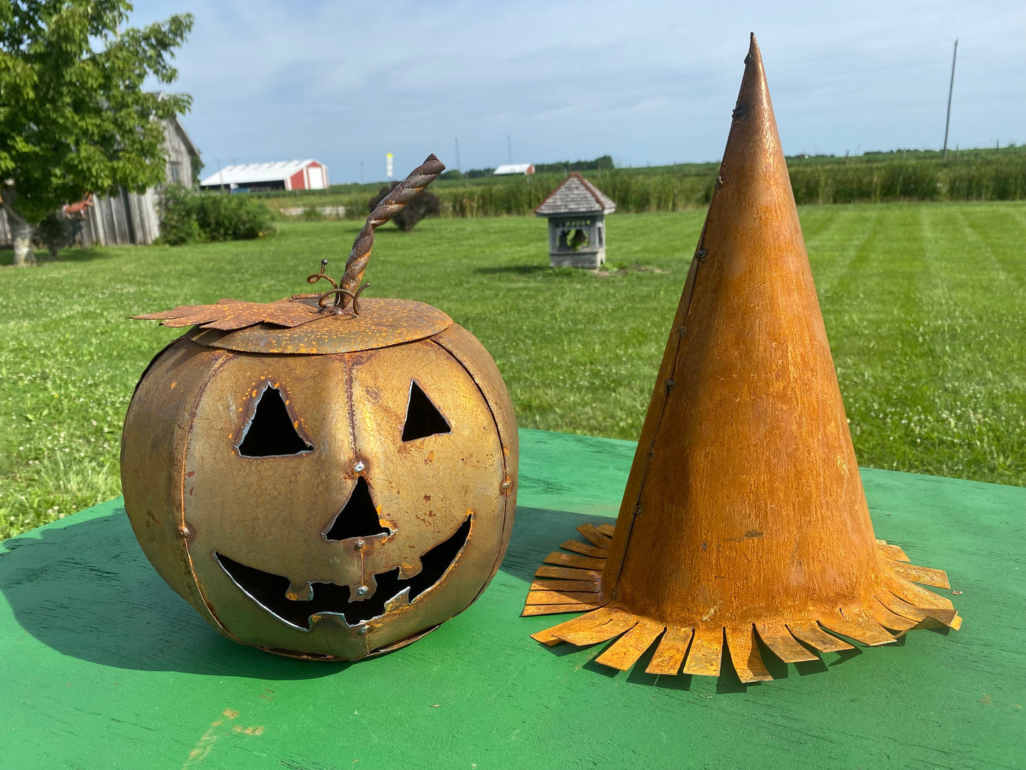 Small Rusty Metal Jack-0-Lantern Pumpkin with Witches Hat