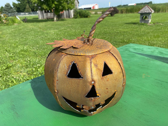 Small Rusty Metal Jack-0-Lantern Pumpkin with Witches Hat