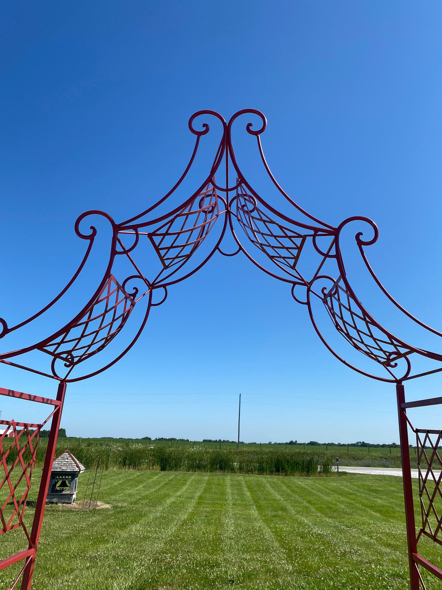Colonial Red Curl Drape Wrought Iron Arbor, Climbing Flower Garden Arch, Rustic Plant Vine Trellis Support, Metal Archway Entry, Landscape