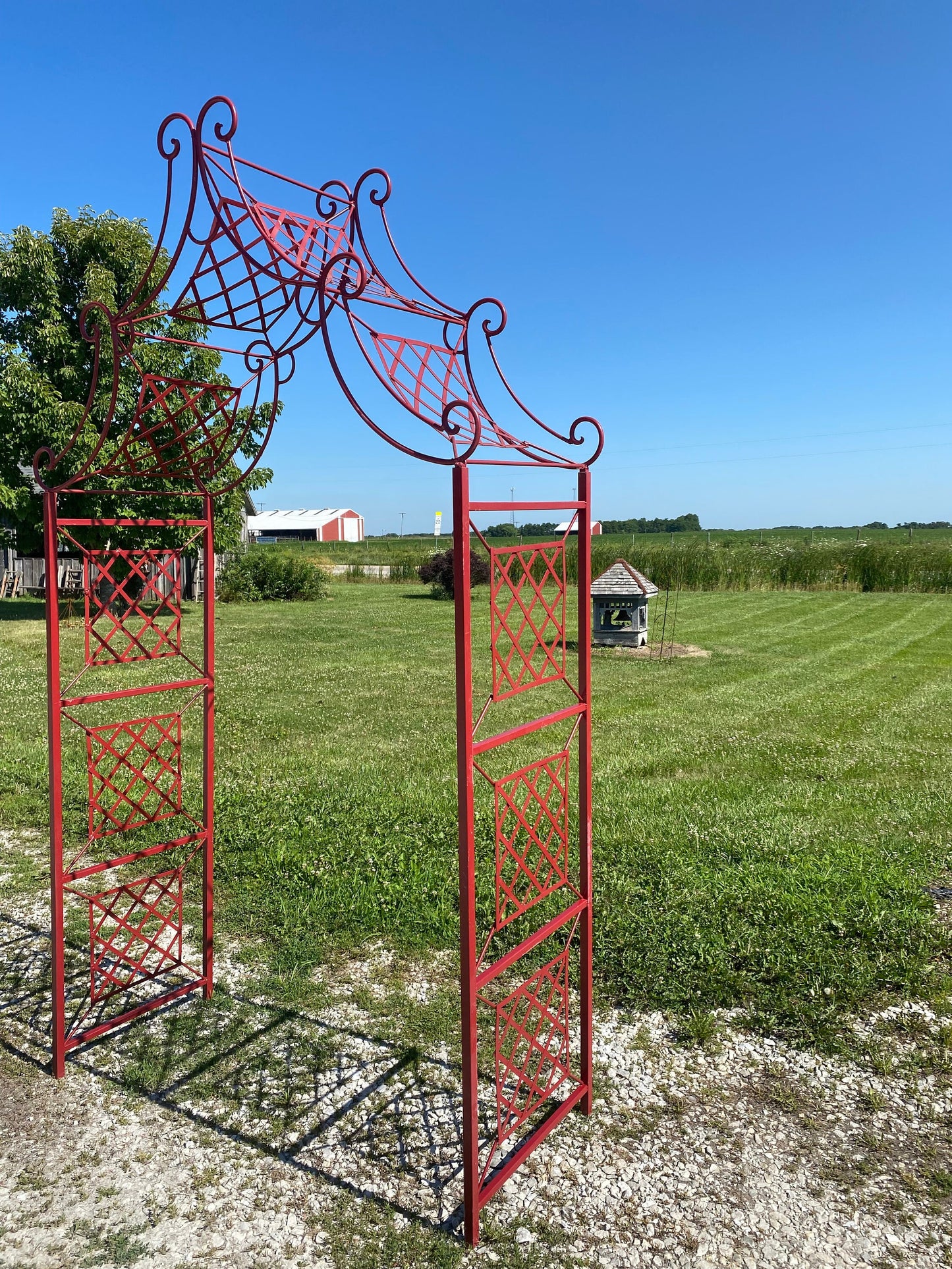 Colonial Red Curl Drape Wrought Iron Arbor, Climbing Flower Garden Arch, Rustic Plant Vine Trellis Support, Metal Archway Entry, Landscape