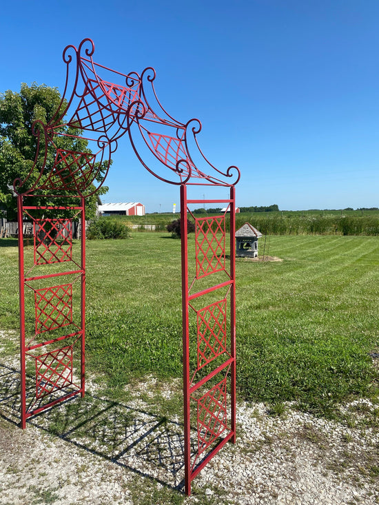 Load image into Gallery viewer, Colonial Red Curl Drape Wrought Iron Arbor, Climbing Flower Garden Arch, Rustic Plant Vine Trellis Support, Metal Archway Entry, Landscape
