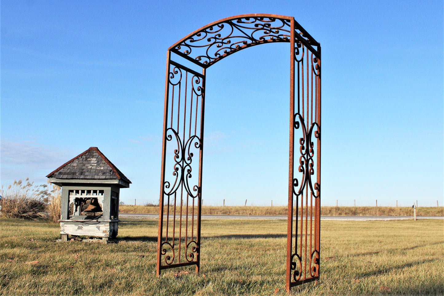 Wrought Iron Arched Narrow Rivertown Arbor, Climbing Flower Garden Arch, Rustic Vine Trellis, Large Metal Archway Entry, Yard Driveway