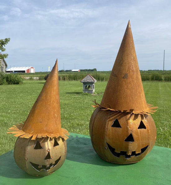 Small Rusty Metal Jack-0-Lantern Pumpkin with Witches Hat