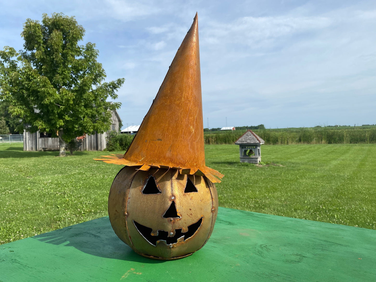 Small Rusty Metal Jack-0-Lantern Pumpkin with Witches Hat