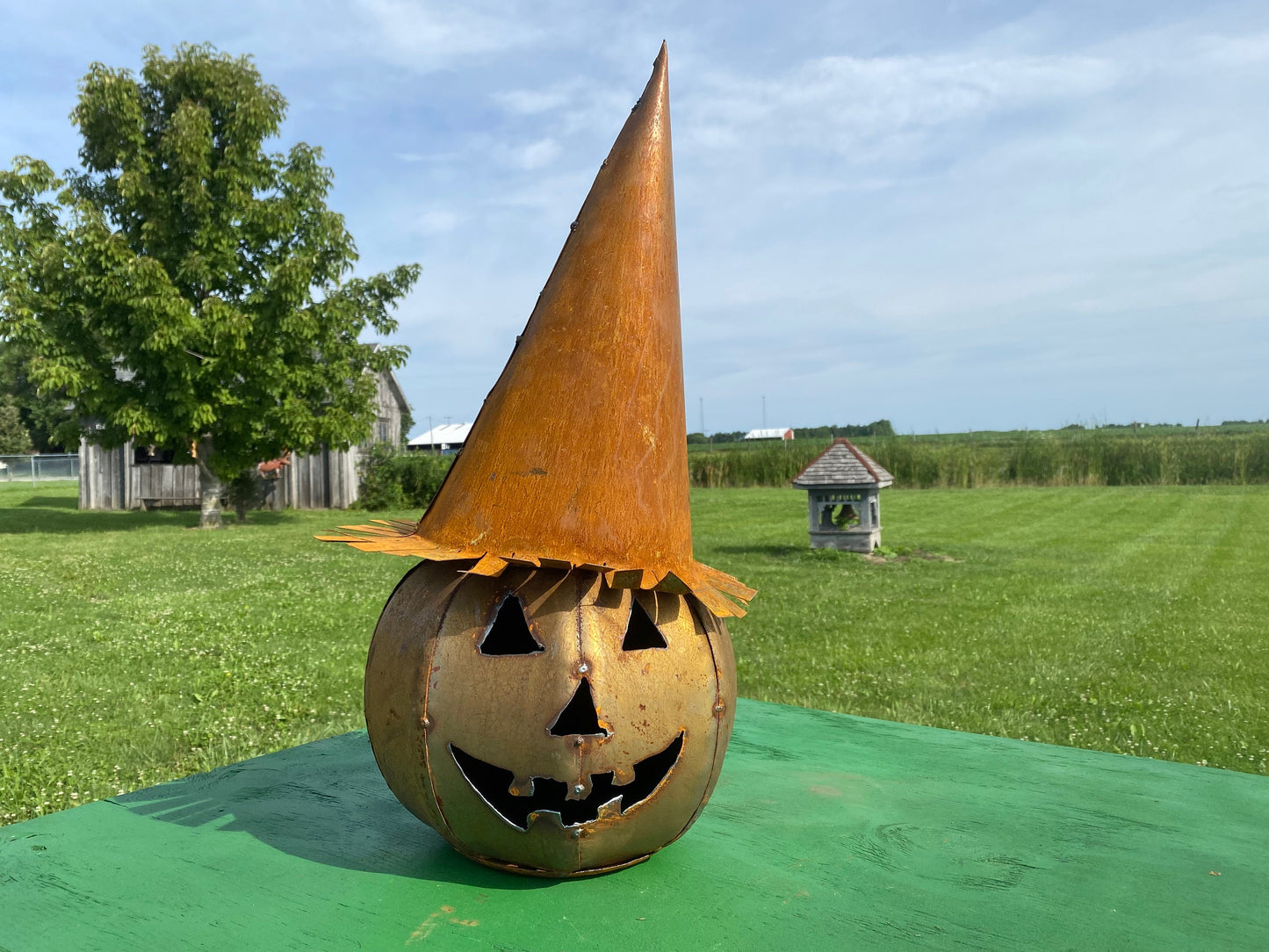Small Rusty Metal Jack-0-Lantern Pumpkin with Witches Hat