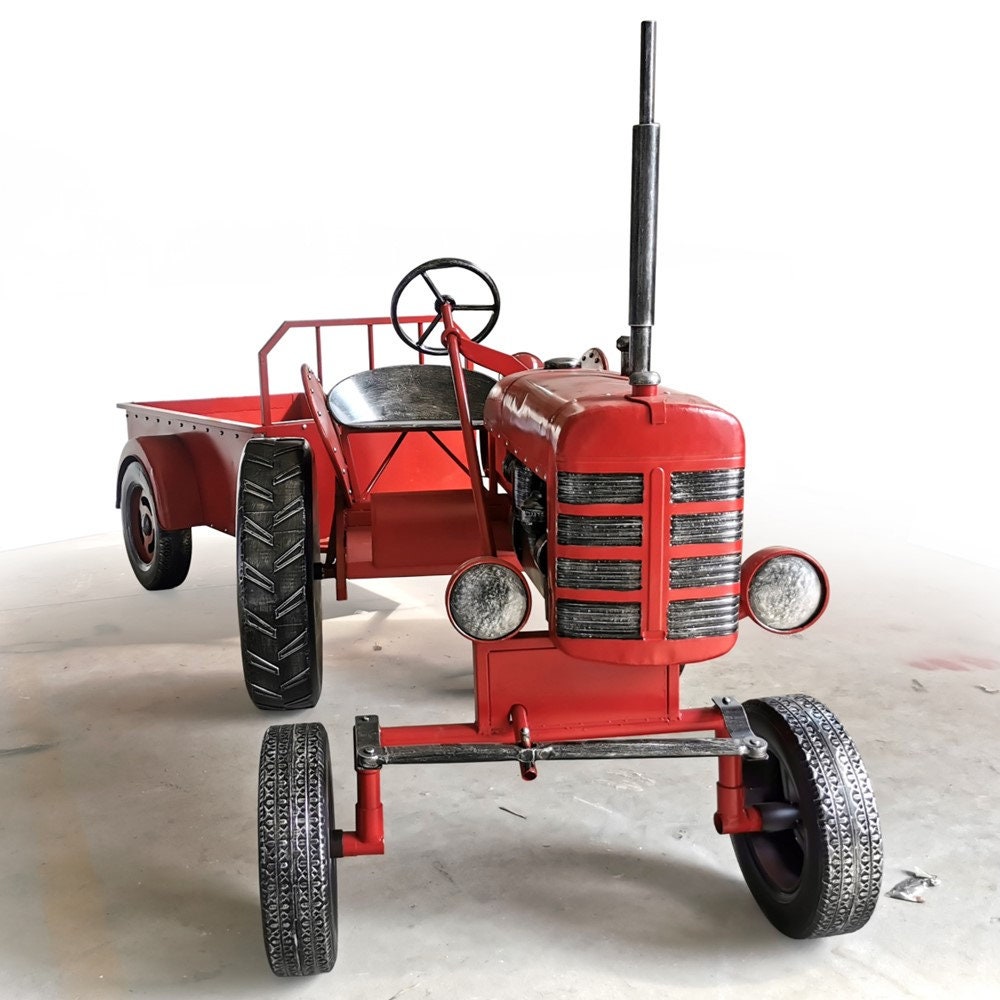 "The Chesney" Red Metal Decorative Tractor with Cart Sculptures & Statues Sculpture