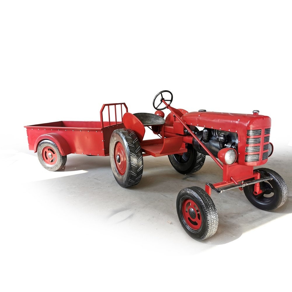 "The Chesney" Red Metal Decorative Tractor with Cart Sculptures & Statues Sculpture