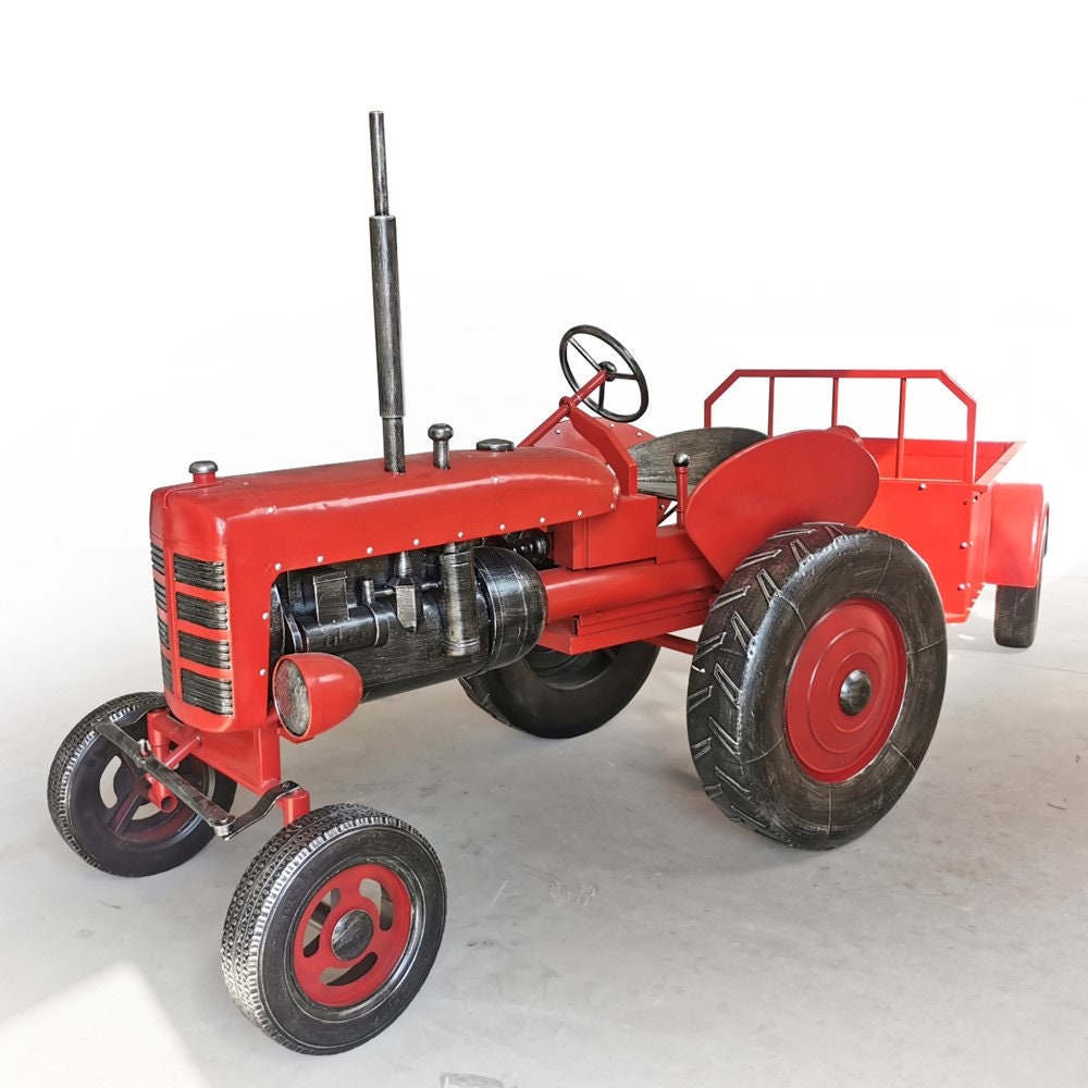 "The Chesney" Red Metal Decorative Tractor with Cart Sculptures & Statues Sculpture