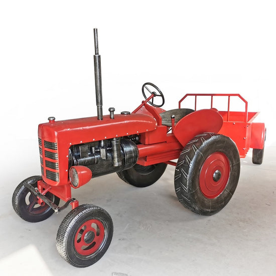 "The Chesney" Red Metal Decorative Tractor with Cart Sculptures & Statues Sculpture