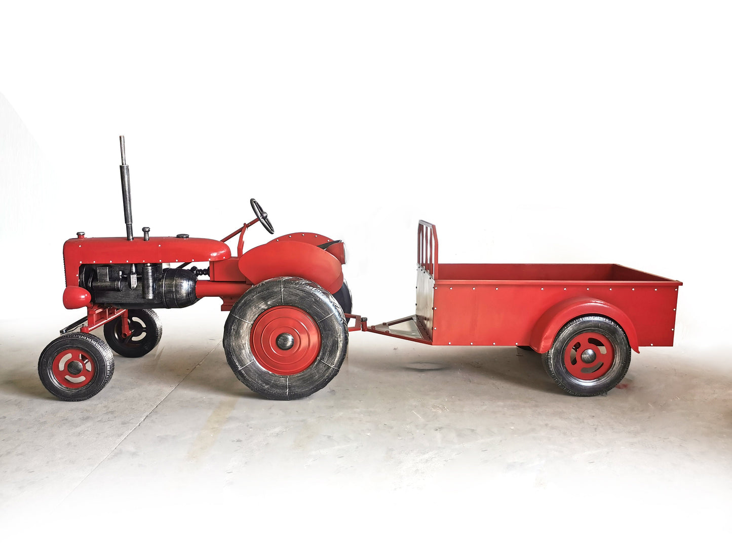 "The Chesney" Red Metal Decorative Tractor with Cart Sculptures & Statues Sculpture