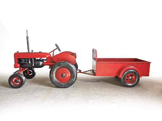 "The Chesney" Red Metal Decorative Tractor with Cart Sculptures & Statues Sculpture