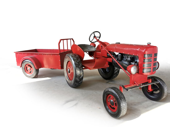 "The Chesney" Red Metal Decorative Tractor with Cart Sculptures & Statues Sculpture