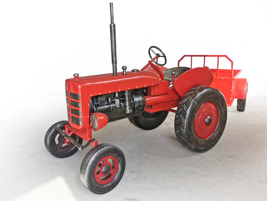 "The Chesney" Red Metal Decorative Tractor with Cart Sculptures & Statues Sculpture