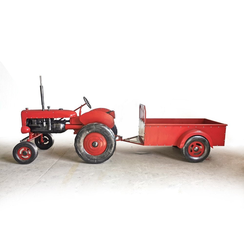 "The Chesney" Red Metal Decorative Tractor with Cart Sculptures & Statues Sculpture