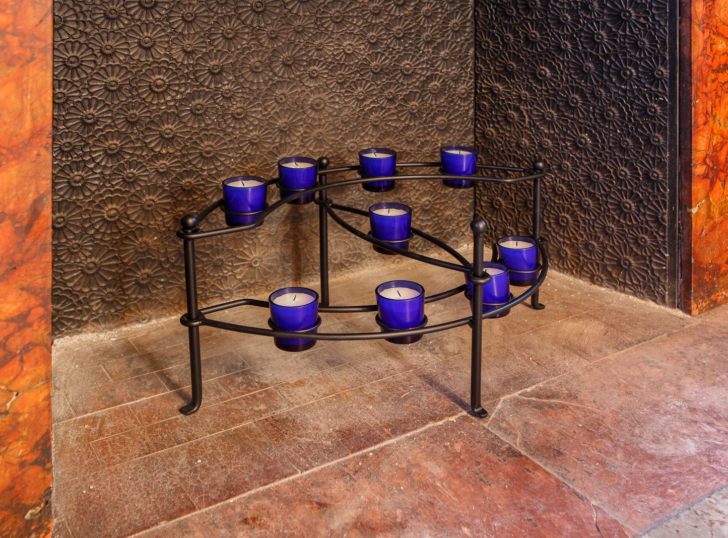 Wrought Iron Galaxy Candelabra with Blue Glass Votive Candles Candle Holders Candles