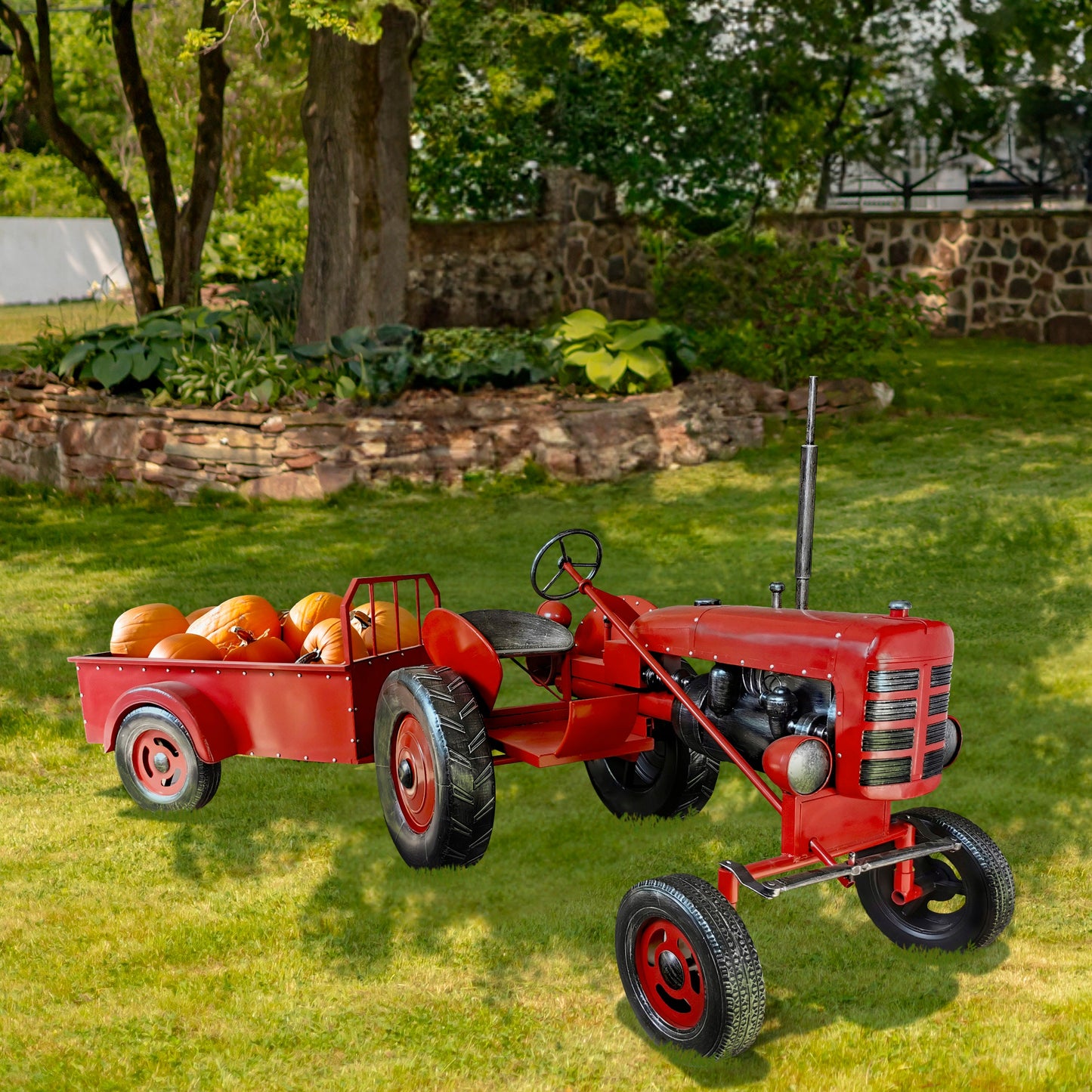 "The Chesney" Red Metal Decorative Tractor with Cart Sculptures & Statues Sculpture