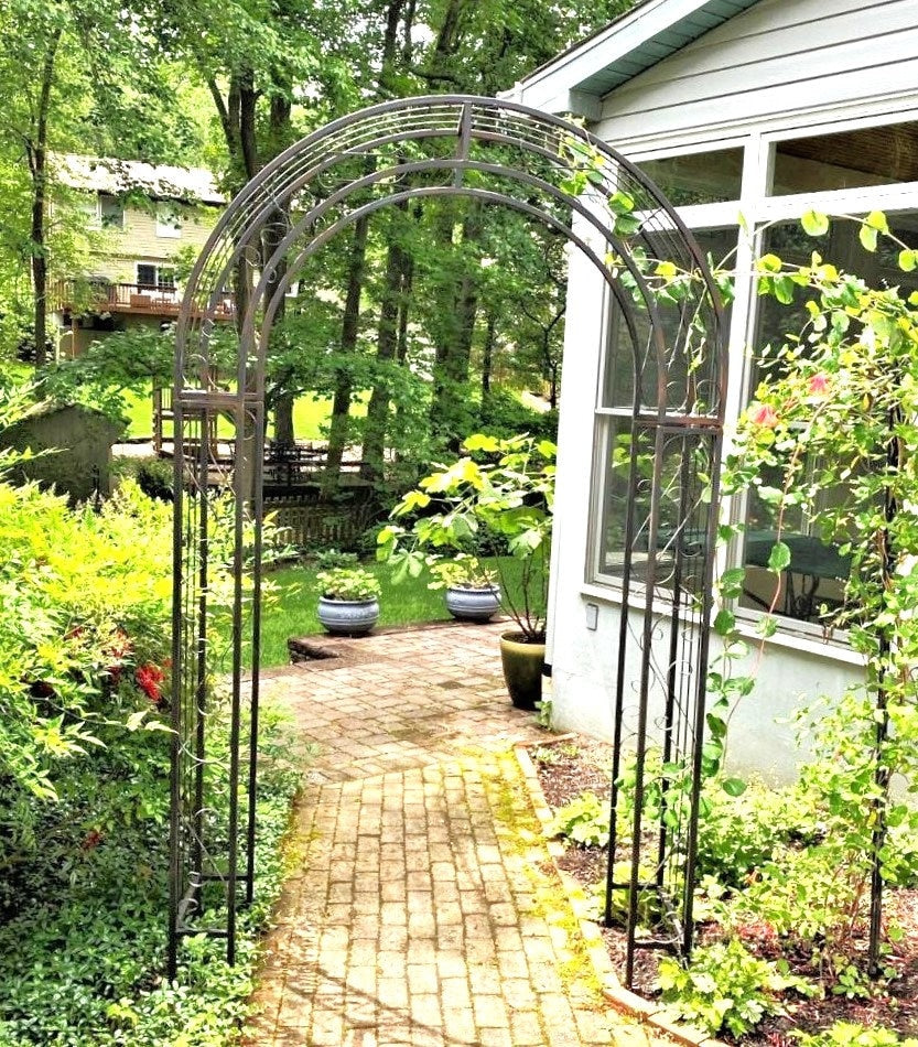 Wrought Iron Arbor- Round Top, Climbing Flower Garden Arch, Rustic Vine Trellis, Large Metal Archway Entry, Yard Driveway