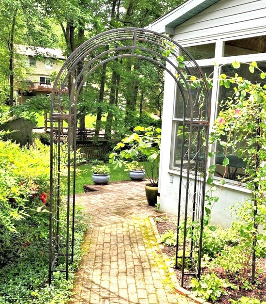 Wrought Iron Arbor- Round Top, Climbing Flower Garden Arch, Rustic Vine Trellis, Large Metal Archway Entry, Yard Driveway