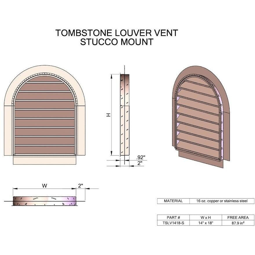 Hammered Copper Tombstone Louvered Gable Wall Vent Vents & Flues Home Accessary