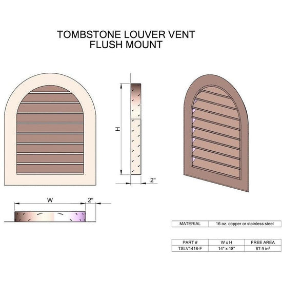 Hammered Copper Tombstone Louvered Gable Wall Vent Vents & Flues Home Accessary