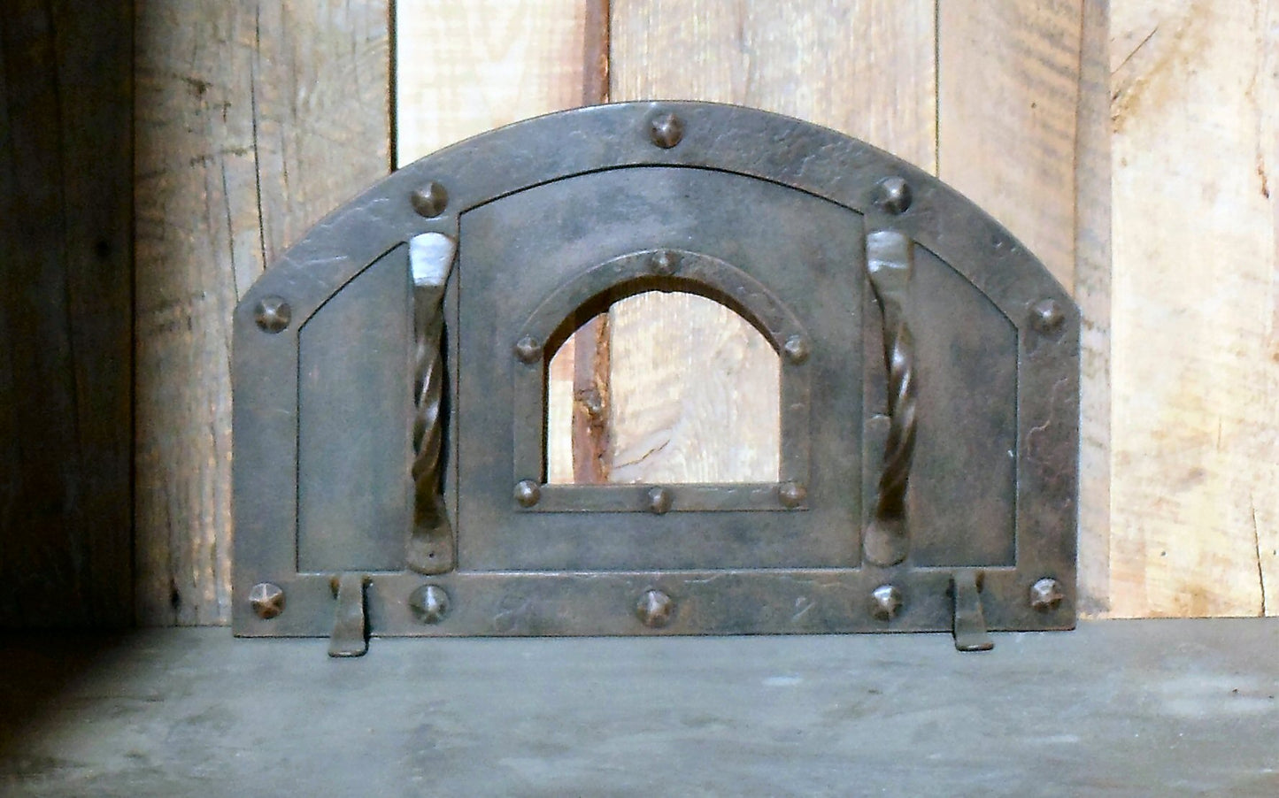 XL Tuscan Arched Hinged Pizza Oven Door rustic with rivets and window