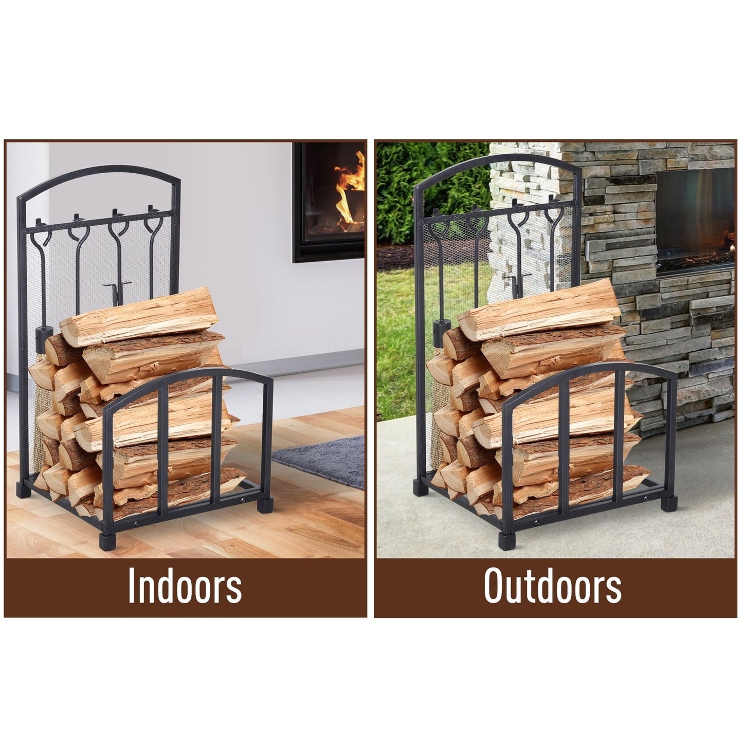 Homcom Firewood Log Rack with Tool Kit Black Iron