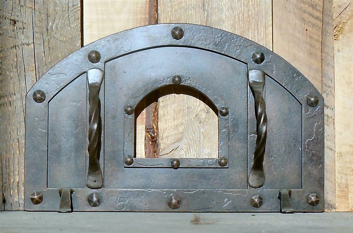 Load image into Gallery viewer, Custom Tuscan Arched Freestanding Pizza Oven Door hand forged 
