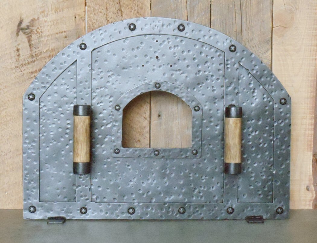 Load image into Gallery viewer, Custom Tuscan Arched Freestanding Pizza Oven Door hammered with pewter patina
