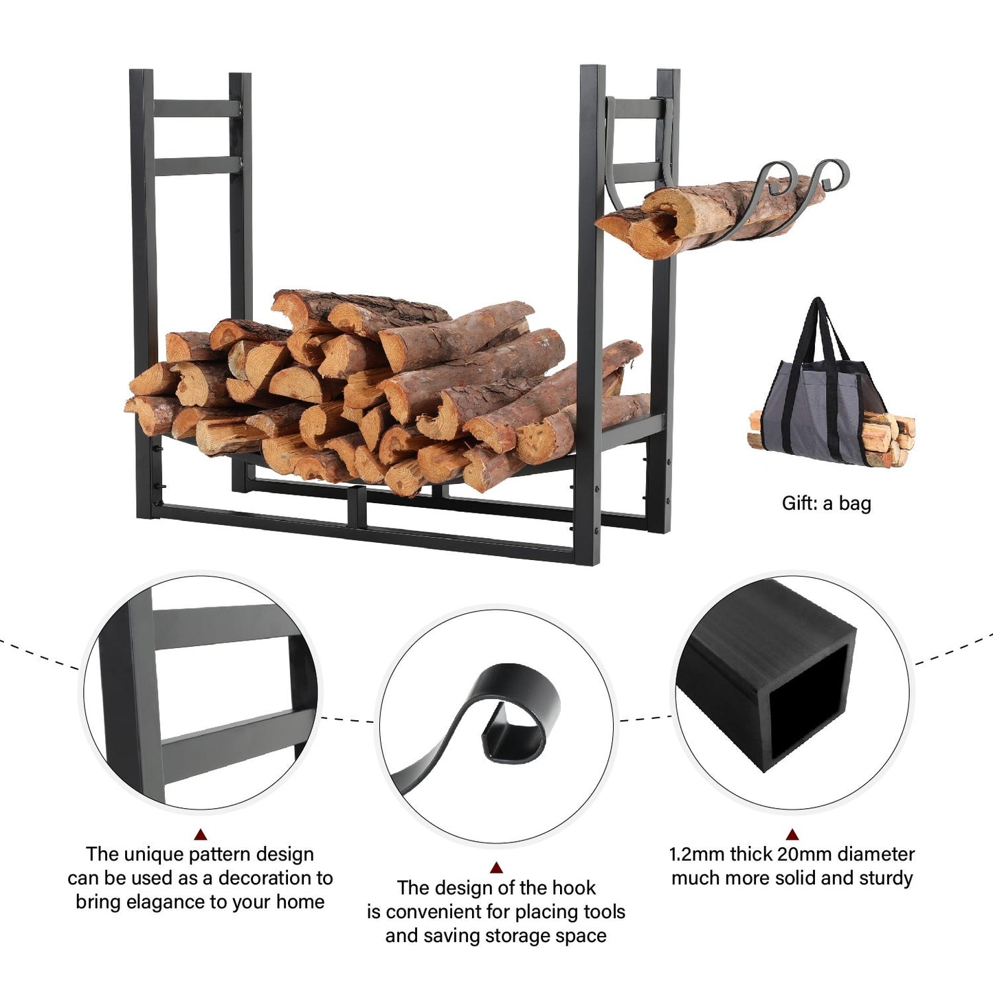 Steel Firewood Log Storage Rack & Tool Set w/ Kindling Holder